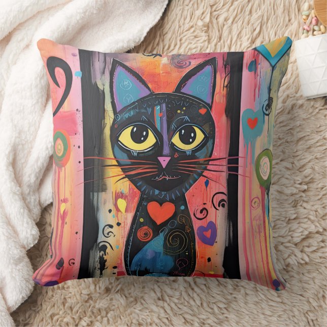  Colourful Abstract Yellow Eyed Cat Cushion (Blanket)