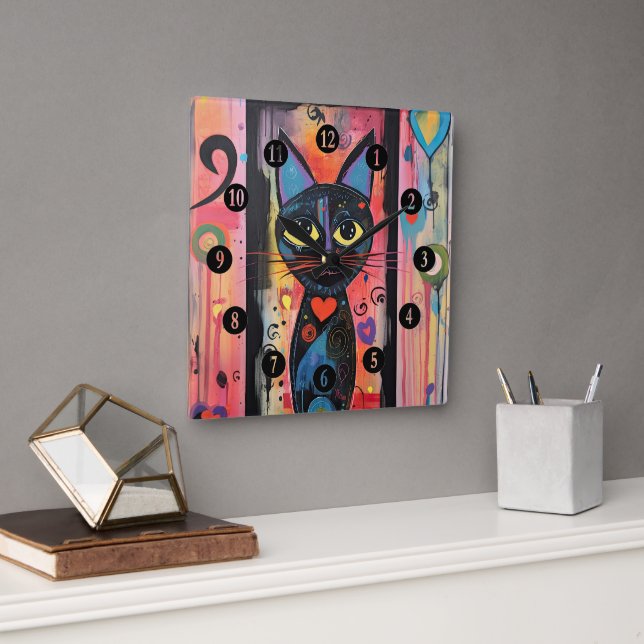  Colourful Abstract Yellow Eyed Cat Square Wall Clock (Office)
