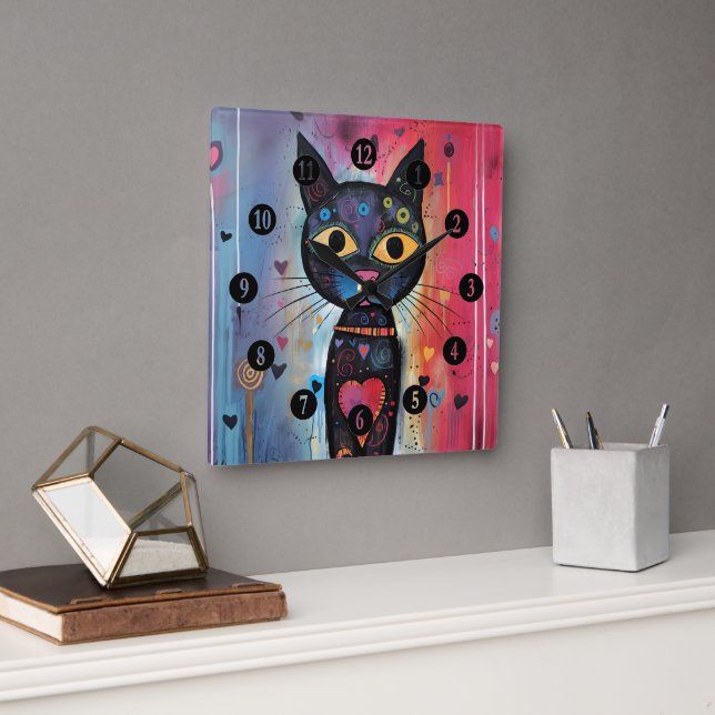  Colourful Abstract Yellow Eyed Cat Square Wall Clock (Office)
