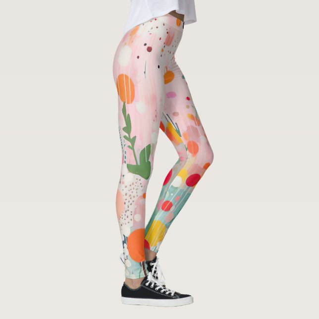 colourful acryl painting dots on soft pink ground leggings (Right)