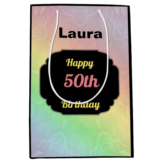 Colourful add name 50th birthday medium gift bag (Front)