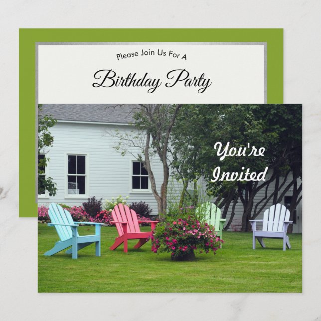 Colourful Adirondack Chair Floral Photo Birthday Invitation (Front/Back)