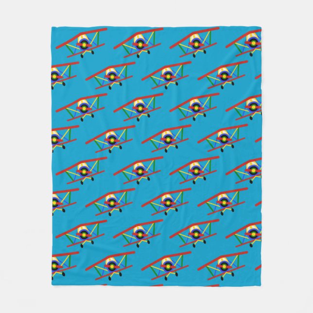 Colourful Aeroplane Pattern on Blue Fleece Blanket (Front)
