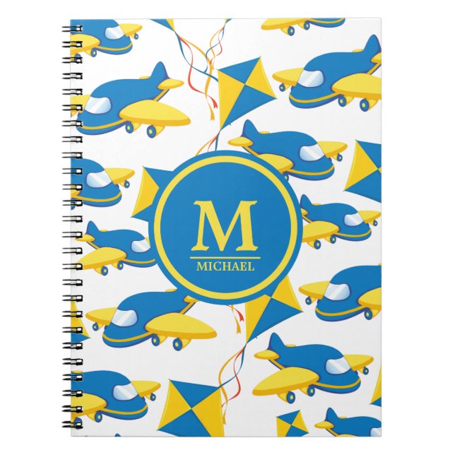 Colourful Aeroplanes and Kites Kids Pattern Monogr Notebook (Front)