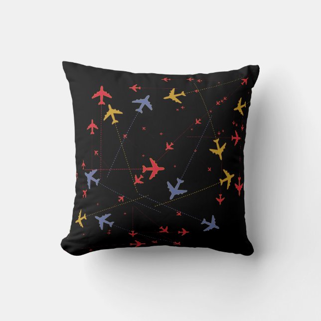 colourful aeroplanes on black (custom colour) cushion (Front)