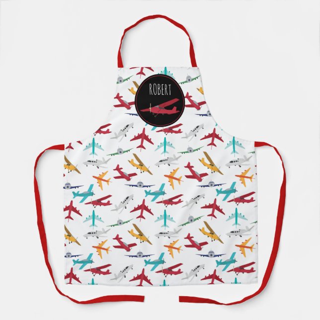 Colourful Aeroplanes Pattern Custom Name Apron (Front)