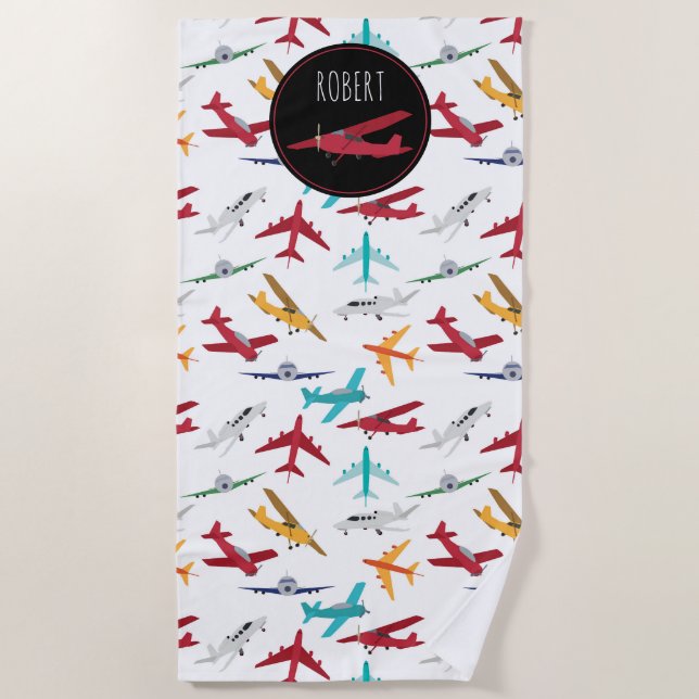 Colourful Aeroplanes Pattern Custom Name Beach Towel (Front)