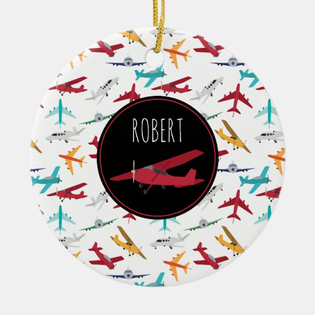 Colourful Aeroplanes Pattern Custom Name Ceramic Tree Decoration (Front)