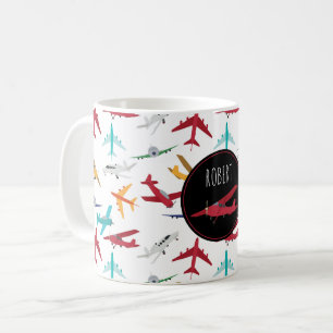 Colourful Aeroplanes Pattern Custom Name Coffee Mug
