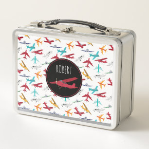 Colourful Aeroplanes Pattern Custom Name Metal Lunch Box