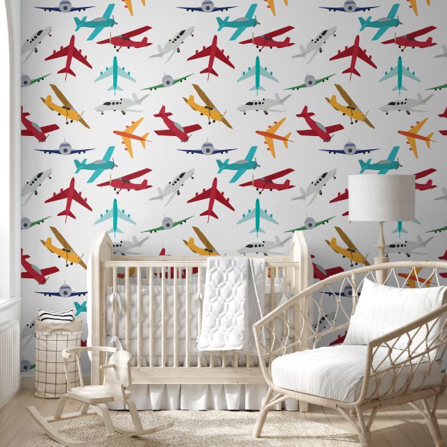 Colourful Aeroplanes Pattern Kids Bedroom Wallpaper (Kids)