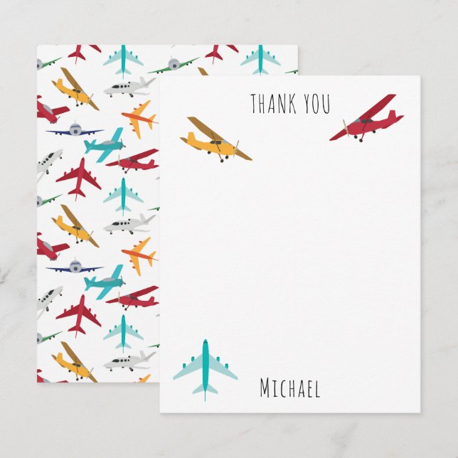 Colourful Aeroplanes Pattern Kids Custom Name Thank You Card (Front/Back)
