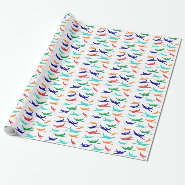 Colourful aeroplanes pattern wrapping paper (Unrolled)