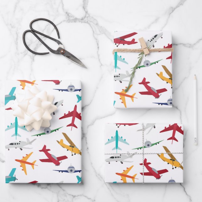 Colourful Aeroplanes Pattern Wrapping Paper Sheet (Front)