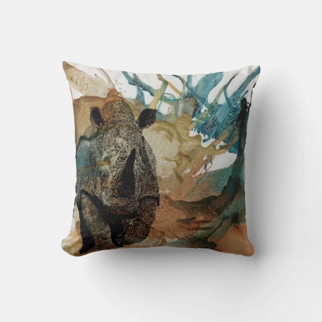 Colourful African animal cushion, charging Rhino Cushion (Front)