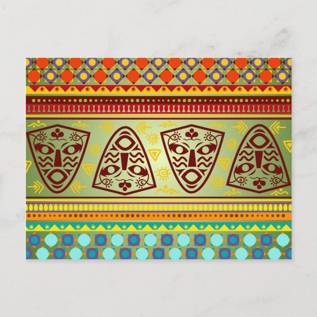 Colourful African Masks Stripe Kente Pattern Postcard (Front)