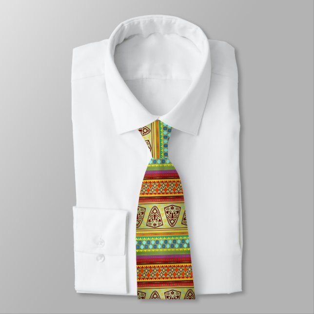 Colourful African Masks Stripe Kente Pattern Tie (Tied)