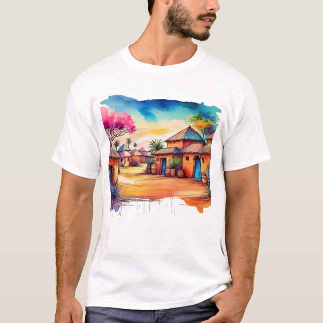 Colourful African Village Watercolour Painting T-Shirt (Front)
