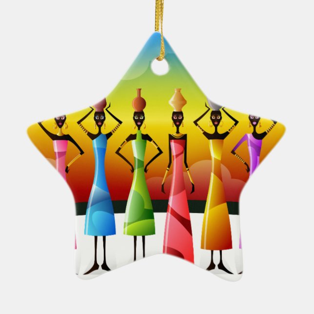 Colourful African Women with Vessels Ceramic Tree Decoration (Back)