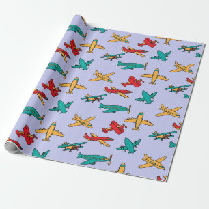 colourful Airplane Pattern Purple Background Wrapping Paper