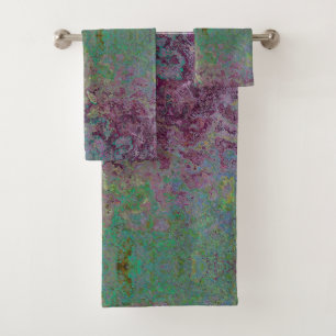 Colourful Alcohol Ink, Green and Burgundy Abstract Bath Towel Set