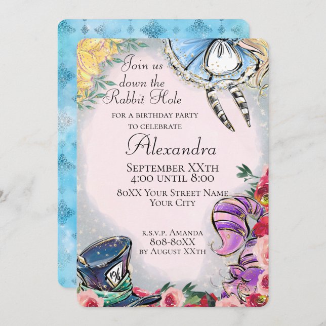 Colourful Alice in Wonderland Fairy Tale Theme Invitation (Front/Back)