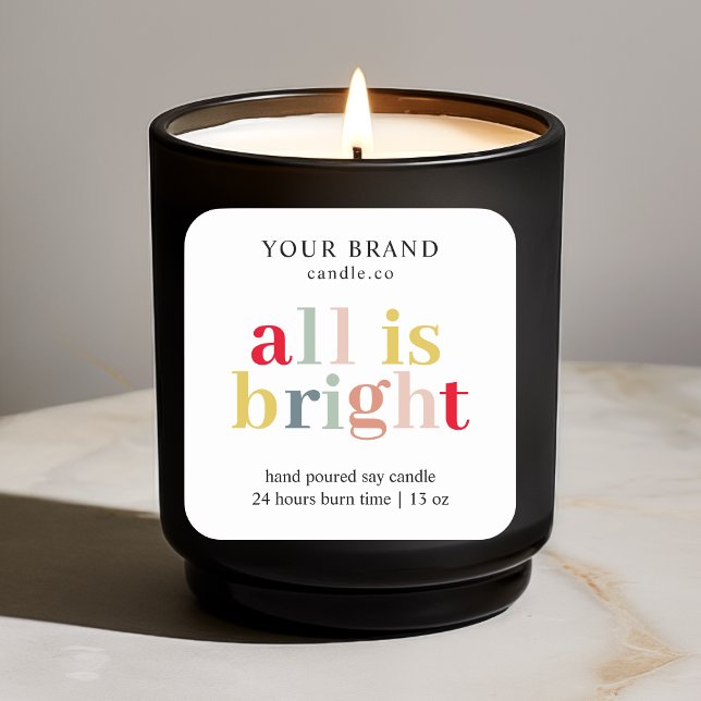 "Colourful ‘All is Bright’ – Festive Holiday Candl Square Sticker (Creator Uploaded)