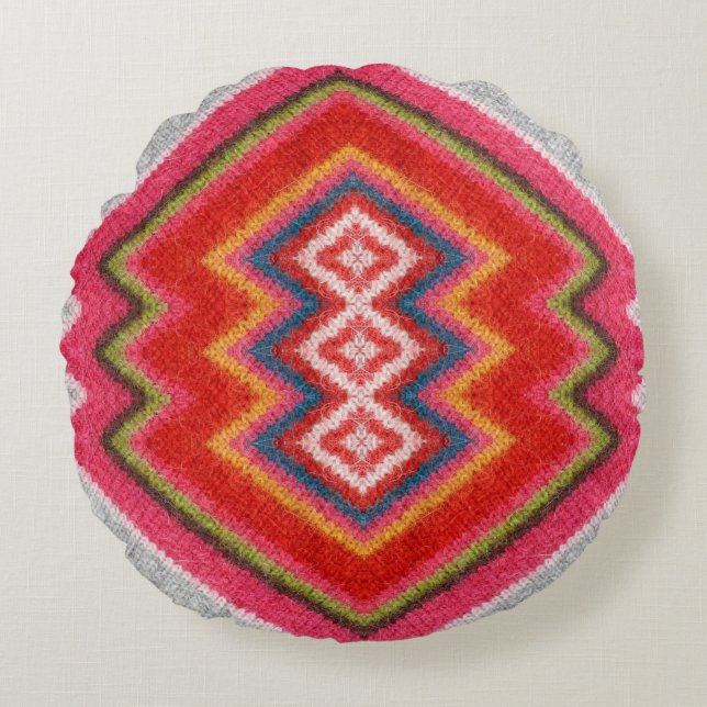 Colourful alpaca mohair sweater ornament closeup. round cushion (Front)