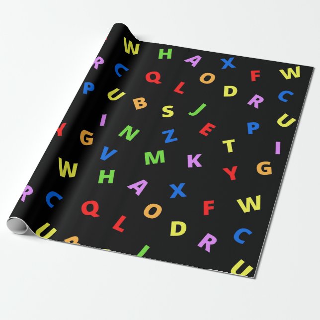 Colourful Alphabet on black background Wrapping Paper (Unrolled)