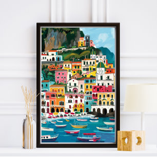 Colourful Amalfi Coast Beach Illustration Photo Print