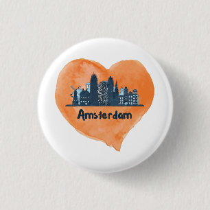 Colourful Amsterdam City Skyline Watercolor Heart 3 Cm Round Badge