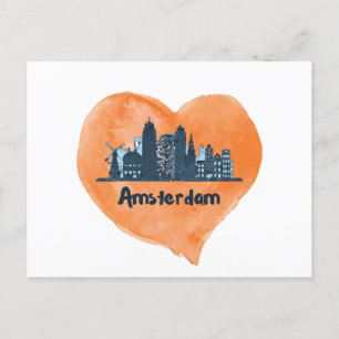 Colourful Amsterdam City Skyline Watercolor Heart  Holiday Postcard