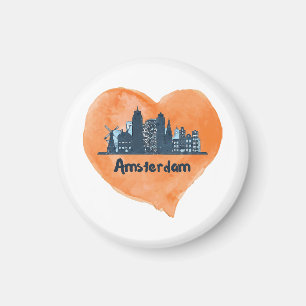 Colourful Amsterdam City Skyline Watercolor Heart  Magnet