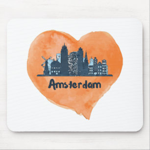Colourful Amsterdam City Skyline Watercolor Heart  Mouse Mat