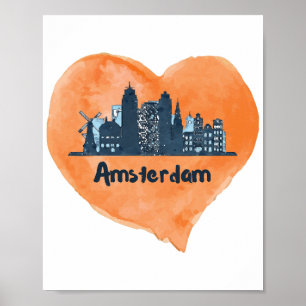 Colourful Amsterdam City Skyline Watercolor Heart Poster