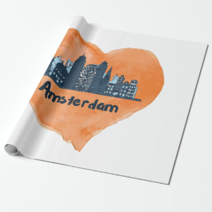 Colourful Amsterdam City Skyline Watercolor Heart Wrapping Paper