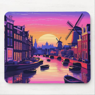 Colourful Amsterdam Sunset – Dutch Canal & Windmil Mouse Mat