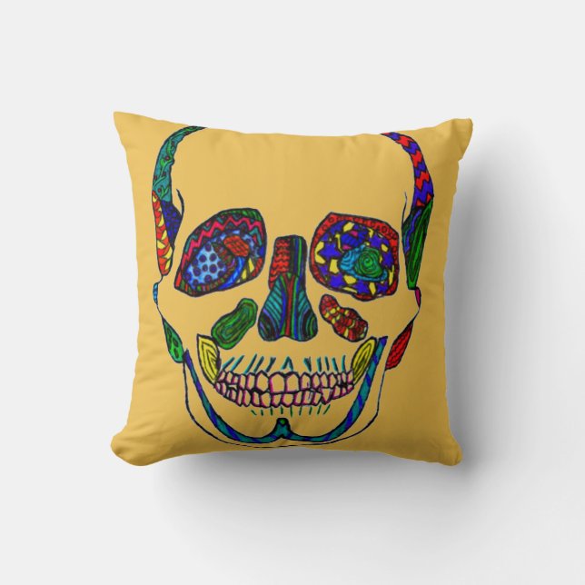 Colourful Anatomical Sugar Skull Mosaic Pillow (Front)