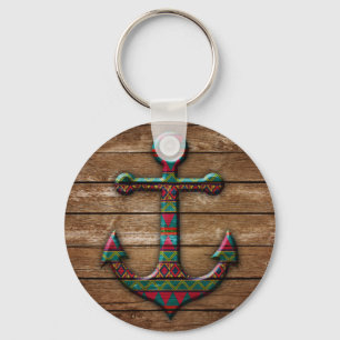 Colourful Anchor on Wood Texture Key Ring