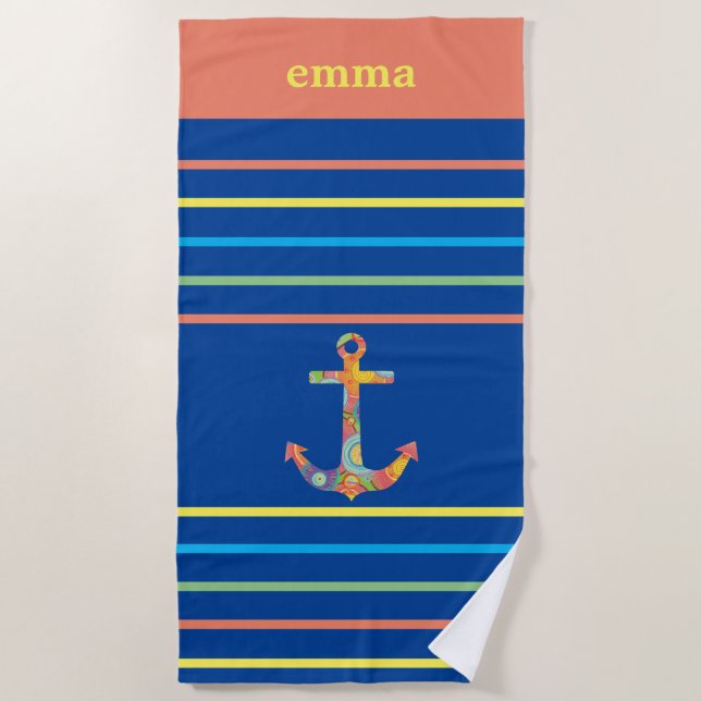 Colourful Anchor Personalised Beach Towel (Front)
