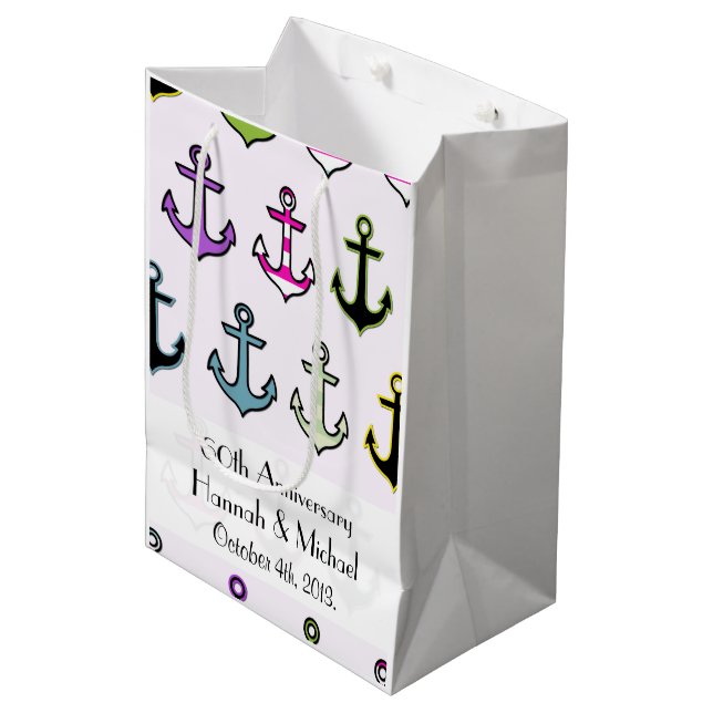 Colourful Anchors, Pattern Of Anchors, Anniversary Medium Gift Bag (Front Angled)