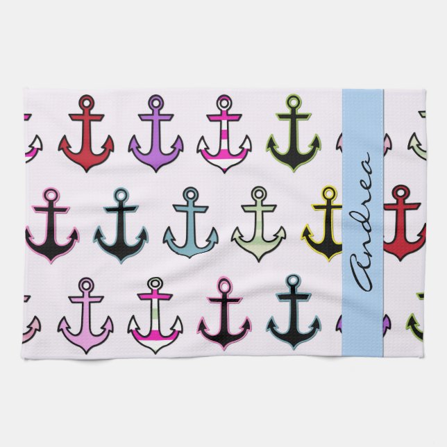 Colourful Anchors, Pattern Of Anchors, Your Name Tea Towel (Horizontal)