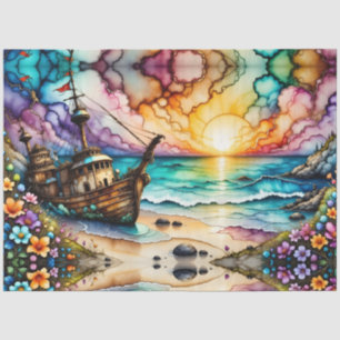 Colourful Ancient Shipwreck Beach Flowers and Sky Tissue Paper