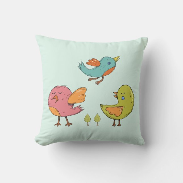 Colourful and Cute Whimsical Birds Trio Cushion (Front)