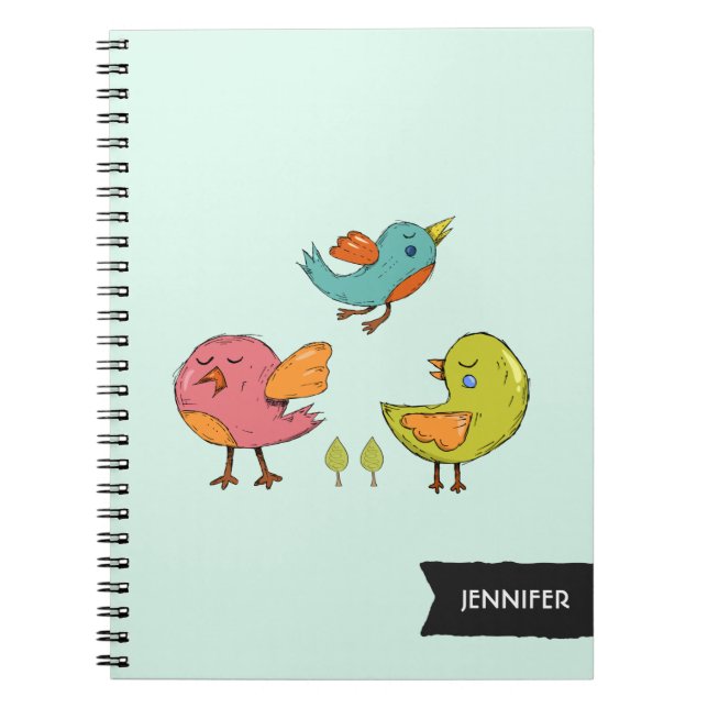 Colourful and Cute Whimsical Birds Trio Notebook (Front)