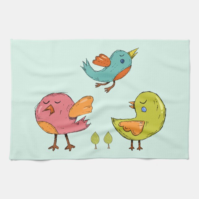 Colourful and Cute Whimsical Birds Trio Tea Towel (Horizontal)