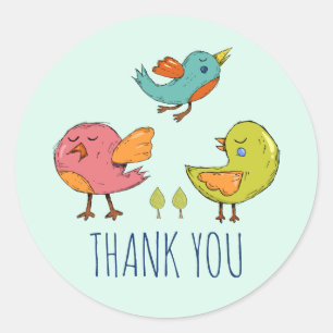 Colourful and Cute Whimsical Birds Trio Thank You Classic Round Sticker