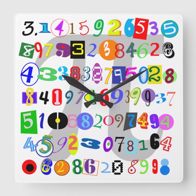 Colourful and Fun Depiction of Pi Square Wall Clock (Front)
