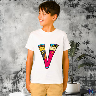 Colourful and Fun Monogram V Tribal and Doodle T-Shirt