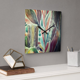 Colourful and Greenery Watercolor Tropical Square Wall Clock